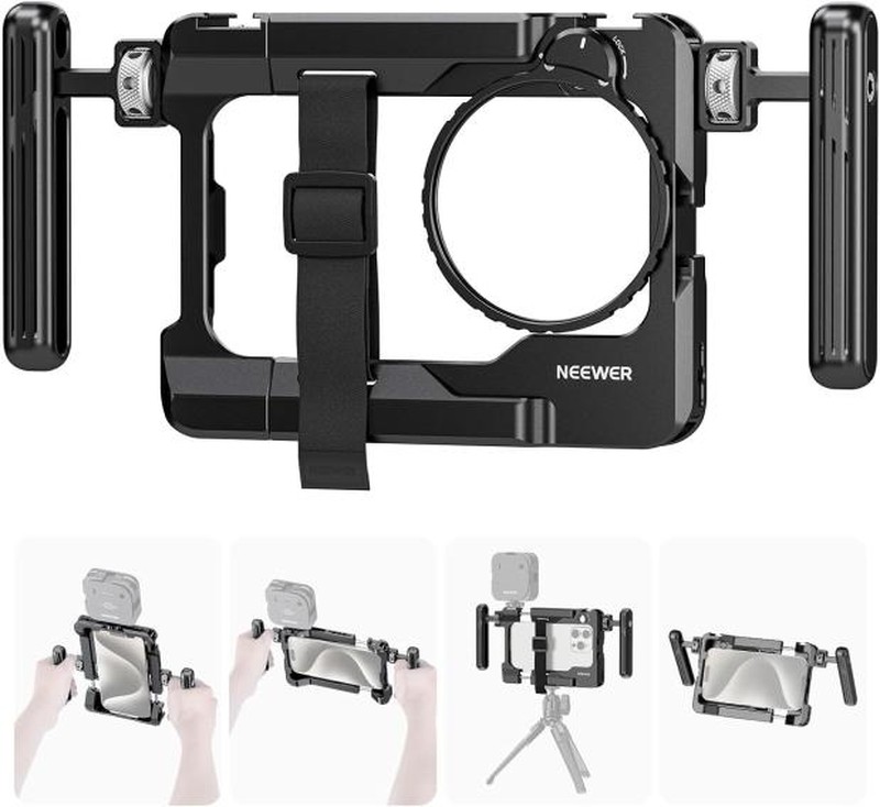 Neewer PA017 universal smartphone video rig with dual side handles and 67mm filter adapter for Android and Samsung Galaxy phones